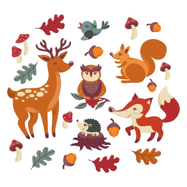 Hand drawn autumn fost animals collection