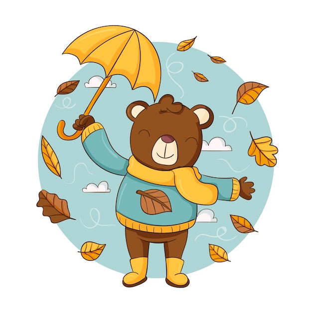Hand drawn autumn illustration with bear holding umbrella