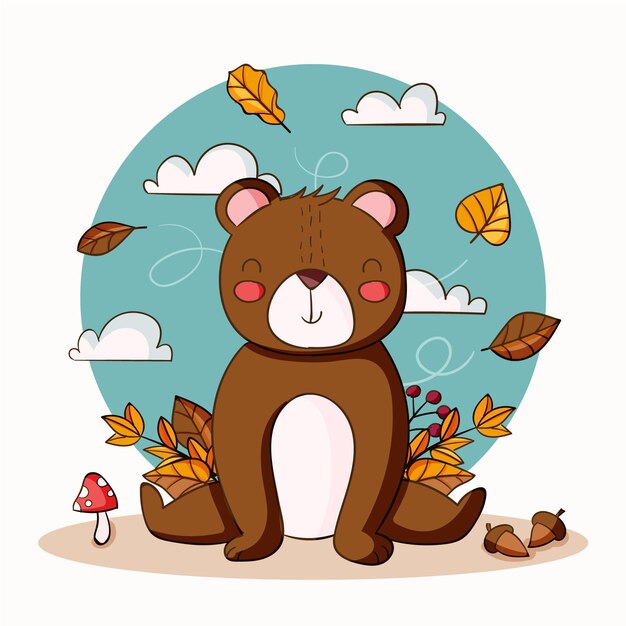 hand drawn autumn illustration with bear and leaves