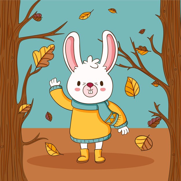 Hand drawn autumn illustration with rabbit