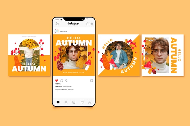 Free vector hand drawn autumn instagram posts collection with photo