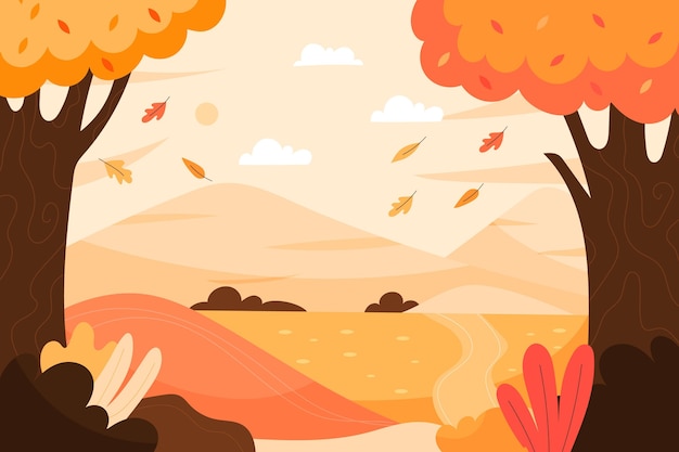 Hand drawn autumn landscape with leaves