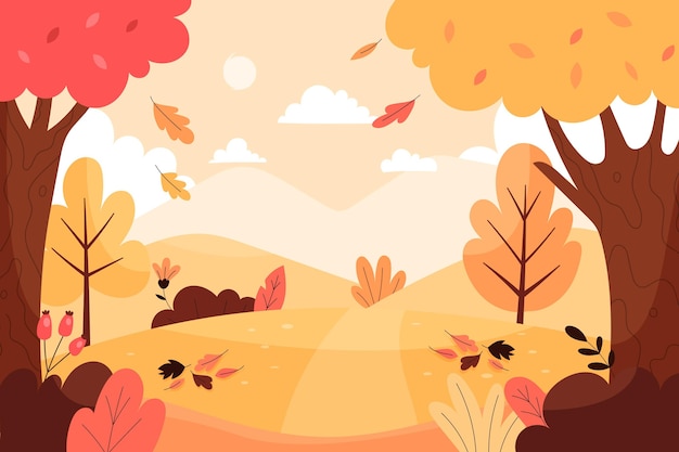 木と手描きの秋の風景