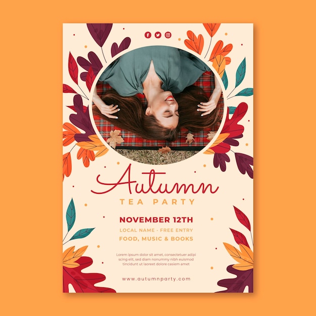 Hand drawn autumn vertical flyer template with photo