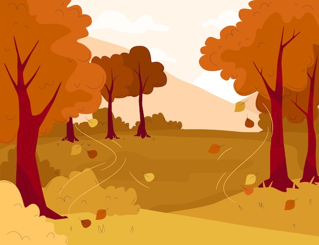 木々と手描きの秋の景色