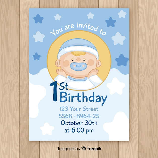 Free vector hand drawn baby boy first birthday card