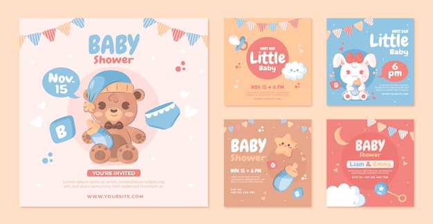 Free vector hand drawn baby shower instagram post set