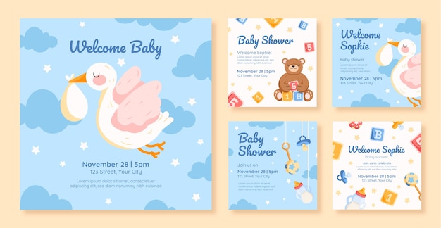 Free vector hand drawn baby shower instagram posts set