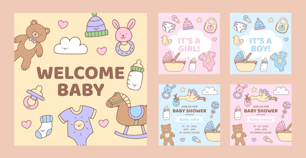 Vettore gratuito post di instagram baby shower disegnati a mano