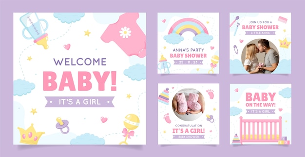 Vettore gratuito post di instagram baby shower disegnati a mano