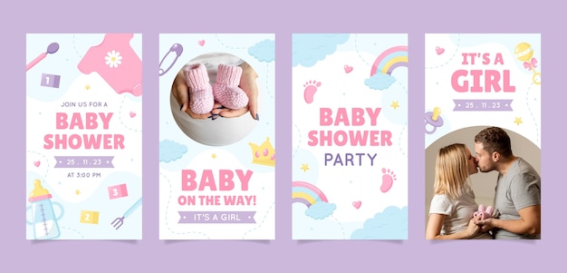 Free vector hand drawn baby shower instagram stories