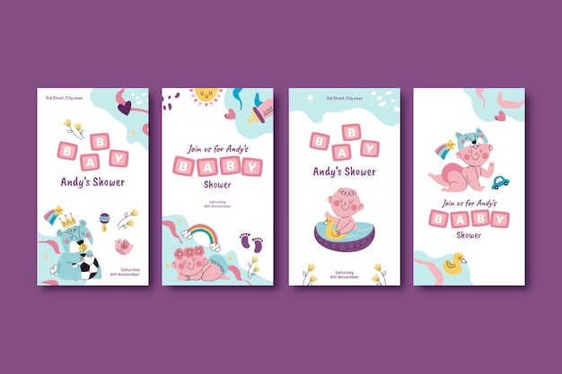 Vettore gratuito storie di instagram per baby shower disegnate a mano