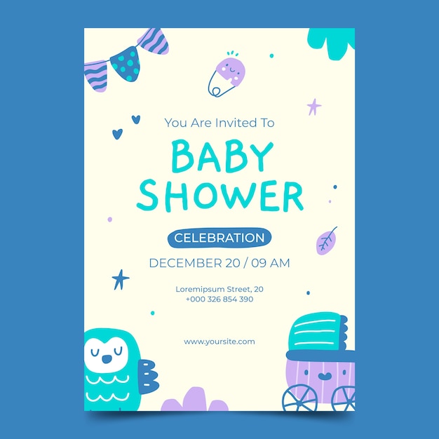 Vettore gratuito modello di invito per baby shower disegnato a mano