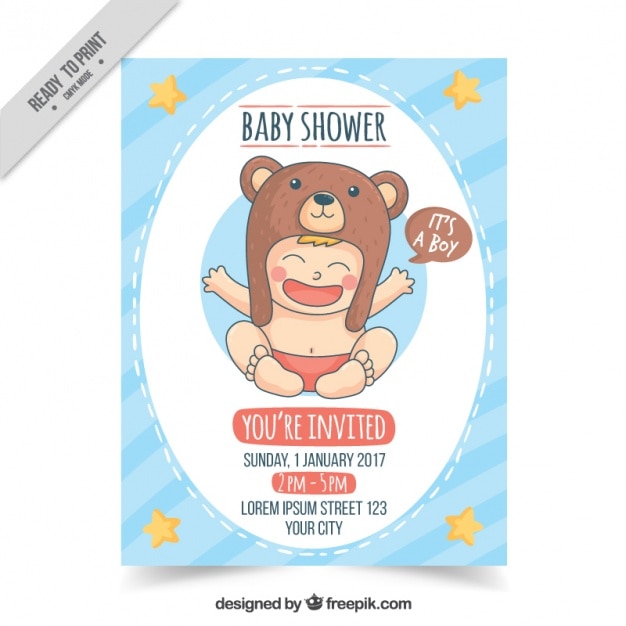 Vettore gratuito bambino doccia invito disegnati a mano con ragazzo sorridente