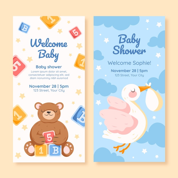 Vettore gratuito modello di banner verticale baby shower disegnato a mano