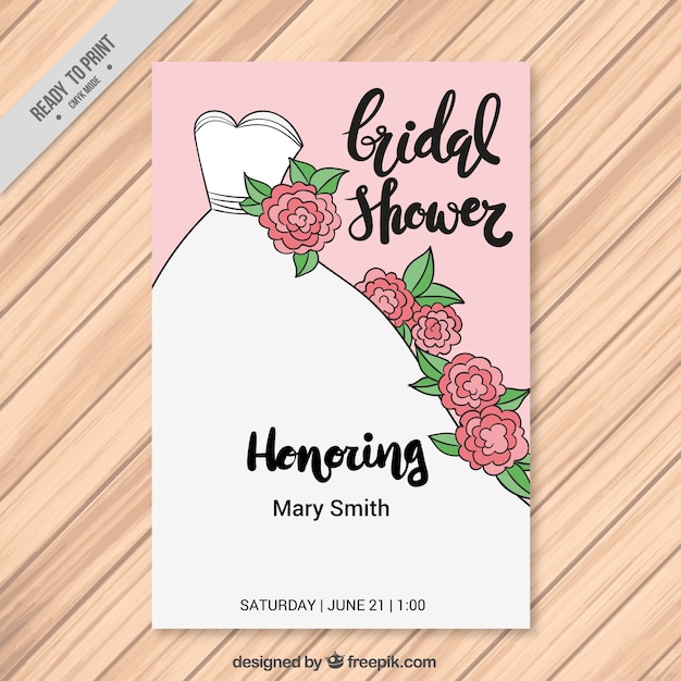 Hand-drawn bachelorette invitation with wedding dress and flowers