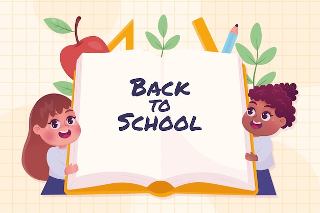 Free vector hand drawn back to school background with students and book