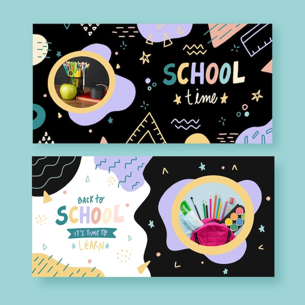 Hand drawn back to school horizontal banners with photo