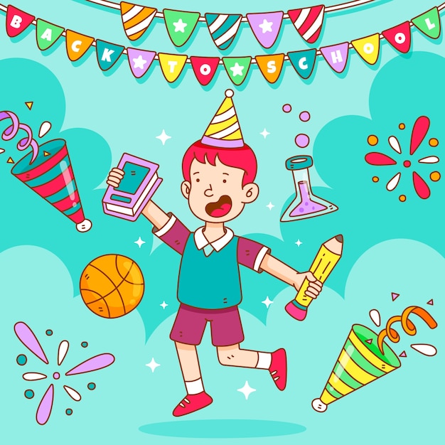 Free vector hand drawn back to school party illustration with student celebrating