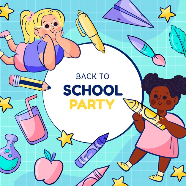 Hand drawn back to school party illustration with students and supplies