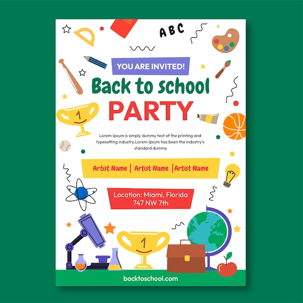 Hand drawn back to school party poster template with school supplies