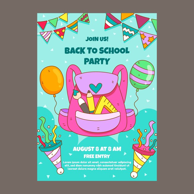 Hand drawn back to school party poster template with school supplies