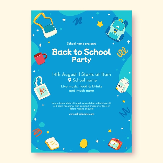 Free vector hand drawn back to school party poster template with school supplies