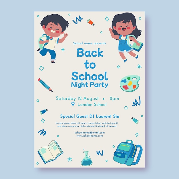 Free vector hand drawn back to school party poster template with school supplies