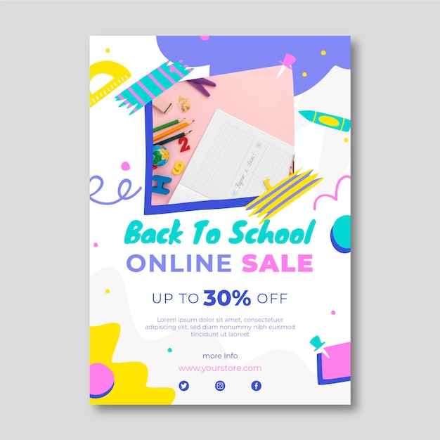 Hand drawn back to school vertical sale flyer template with photo