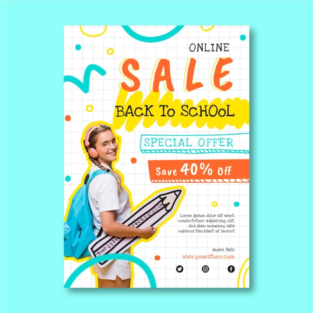 Free vector hand drawn back to school vertical sale flyer template with photo