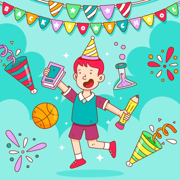 Бесплатное векторное изображение Ручной обращается обратно к иллюстрации школьной вечеринки с празднованием студента