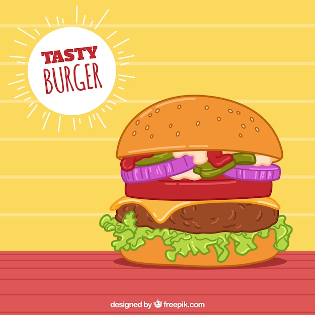 Hand-drawn background of appetizing burger