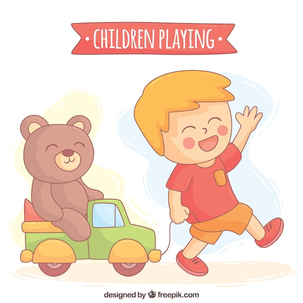 Hand-drawn background of cheerful boy playing with his teddy bear