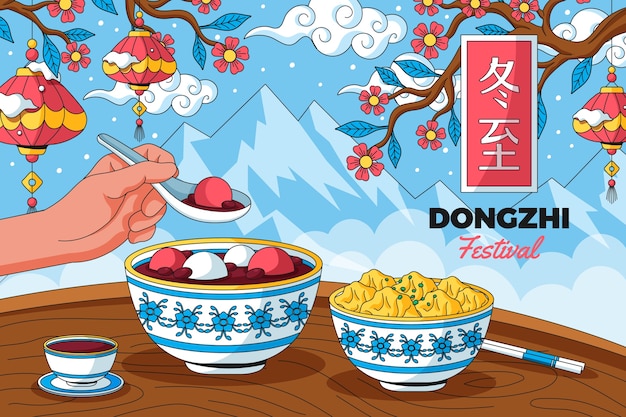 Hand drawn background for chinese dongzhi festival with bowls of tang yuan and dumplings