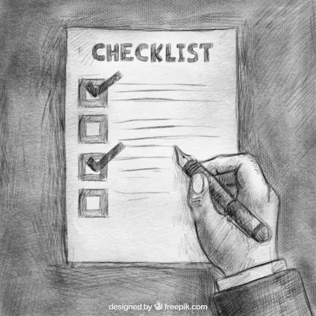 Hand-drawn background of hand holding a fountain pen and checklist