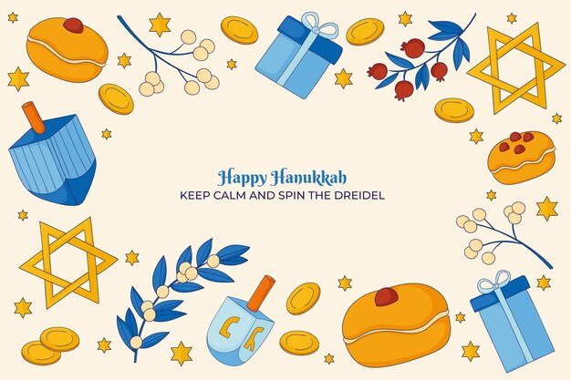 Hand drawn background for hanukkah celebration with presents and dreidels