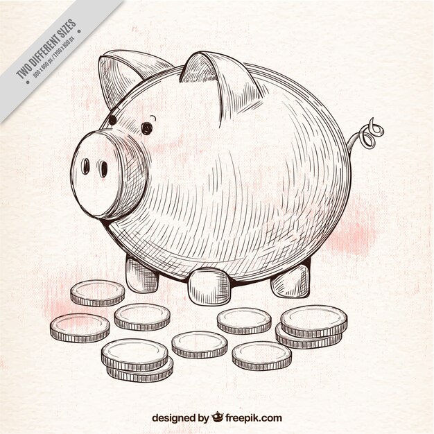 Hand-drawn background of piggybank and coins