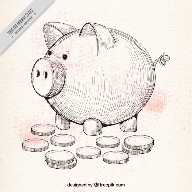 貯金箱とコインの手描きの背景