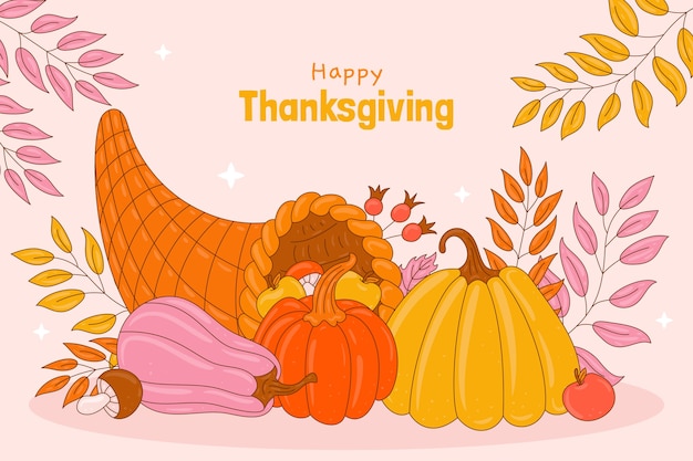 Hand drawn background for thanksgiving with cornucopia and pumpkins