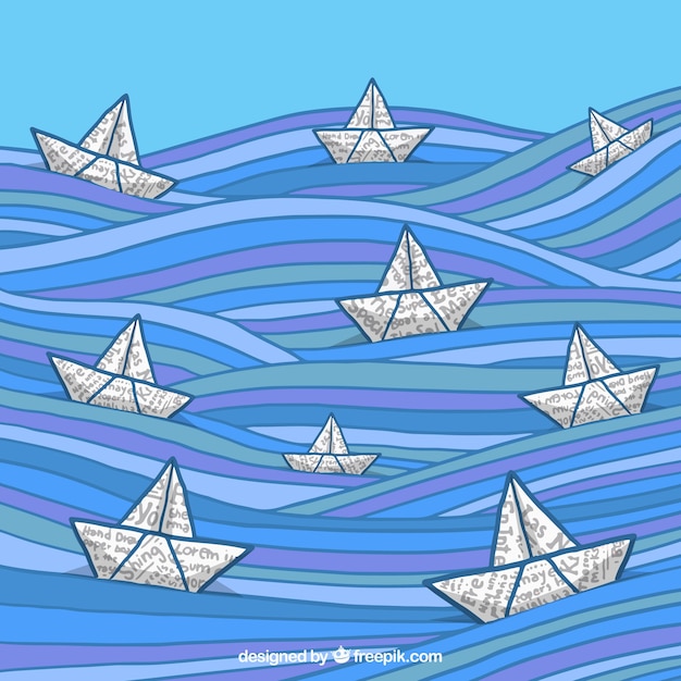 Free vector hand-drawn background with colored waves and paper boats