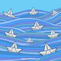 Free vector hand-drawn background with colored waves and paper boats