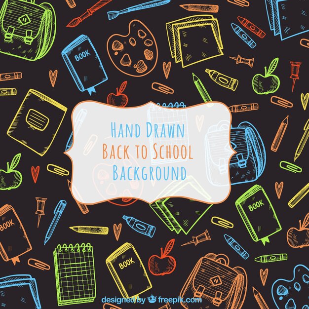 Hand drawn background with colorful school elements