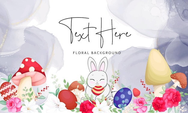 hand drawn background with cute bunny  mushroom and beautiful roses flower