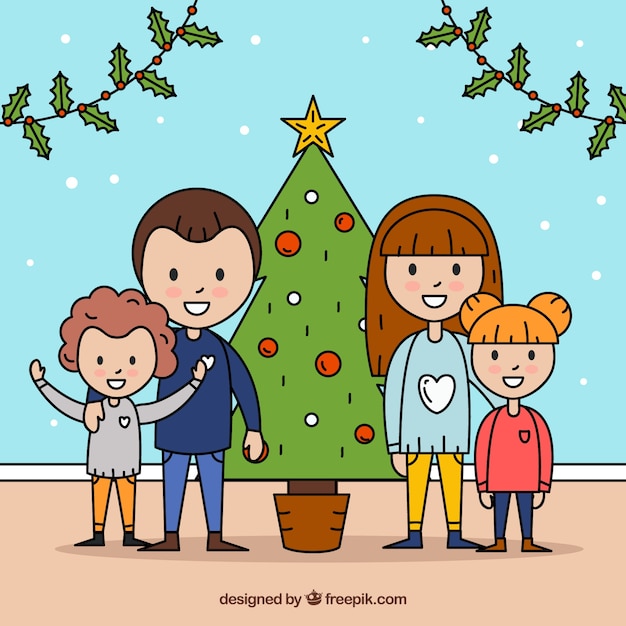 Hand drawn background with a family beside a christmas tree