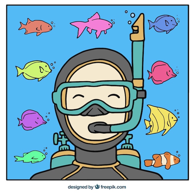 Hand drawn background with scuba diver 