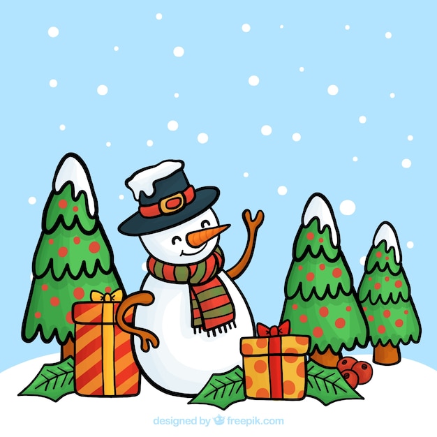 Vettore gratuito sfondo disegnato a mano con pupazzo di neve e albero di natale