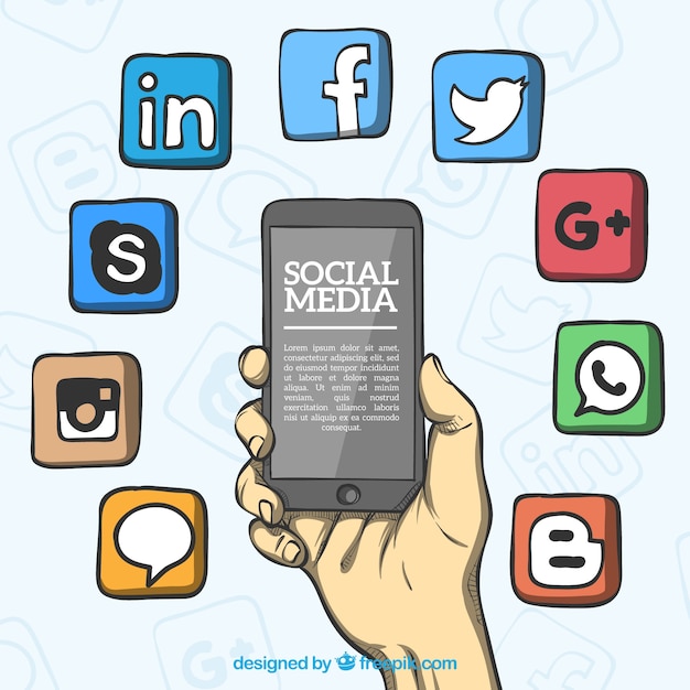 Free vector hand drawn background with social media icons