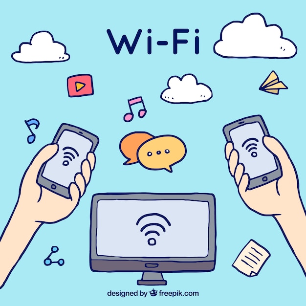 Ручной фон с Wi-Fi-сигналом и электронными устройствами