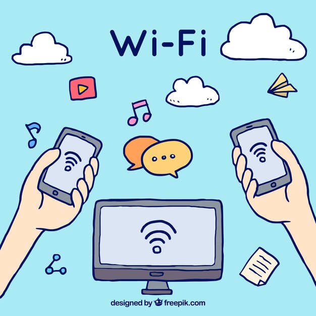 wifi信号と電子デバイスで手描きの背景