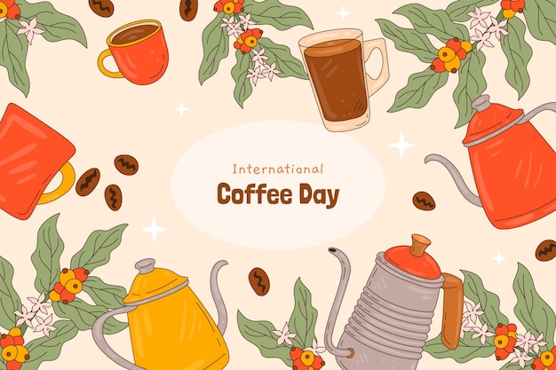 Ручно нарисованный фон для празднования Всемирного дня кофе